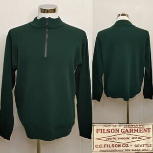 Filson 100% Wool 1/4 Zip Sweater Men's L Green Vintage USA Small Hole #J5521